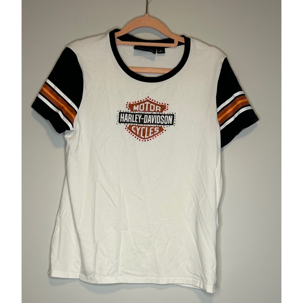 Harley-Davidson Womens White Rhinestone Logo Colorblock Ringer T-Shirt Medium